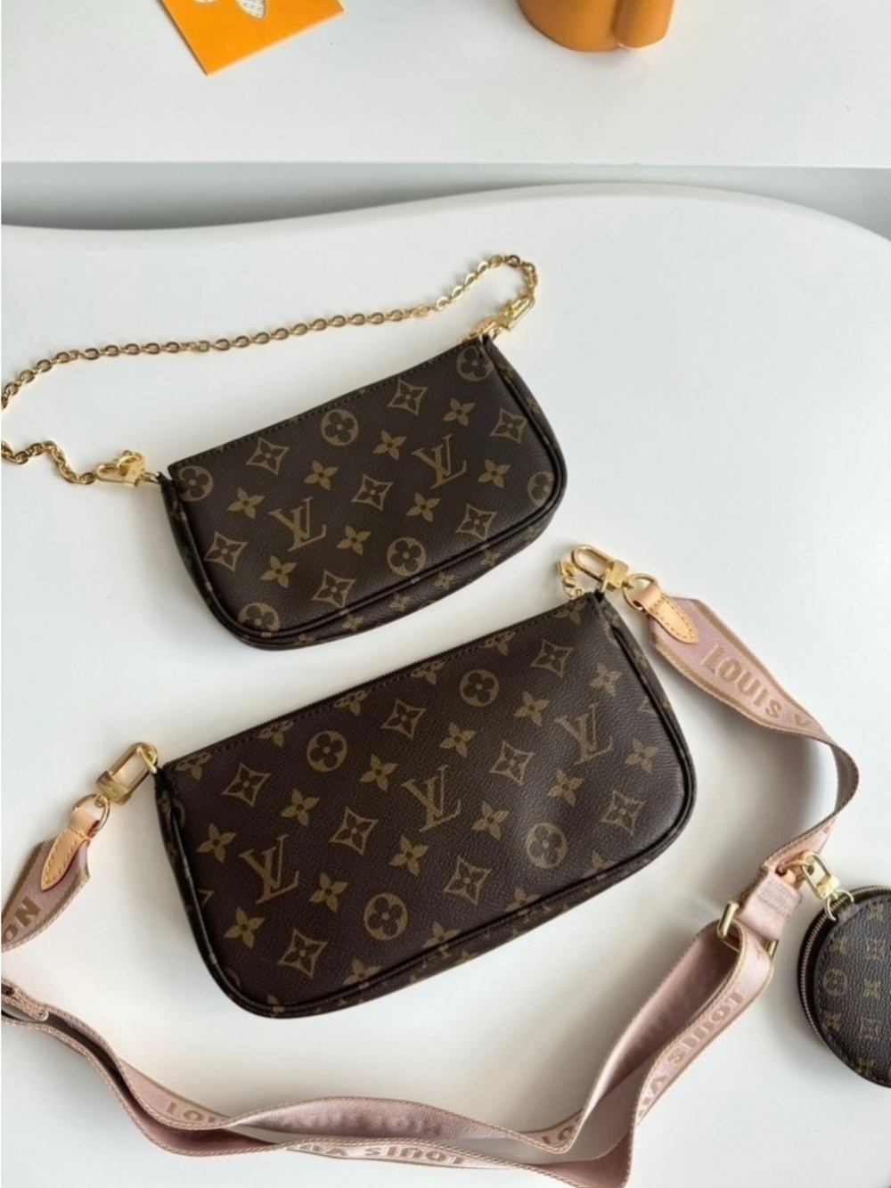Louis Vuitton Monogram Mini Double Pouch in Pink Strap and Gold Hardware